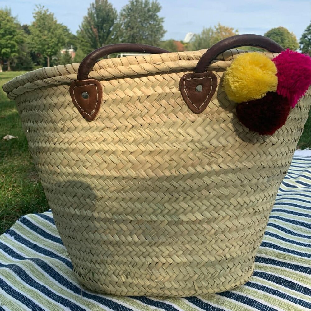 NWT straw basket bag with genuine leather straps - beach basket + 1 free gift - Picture 4 of 6
